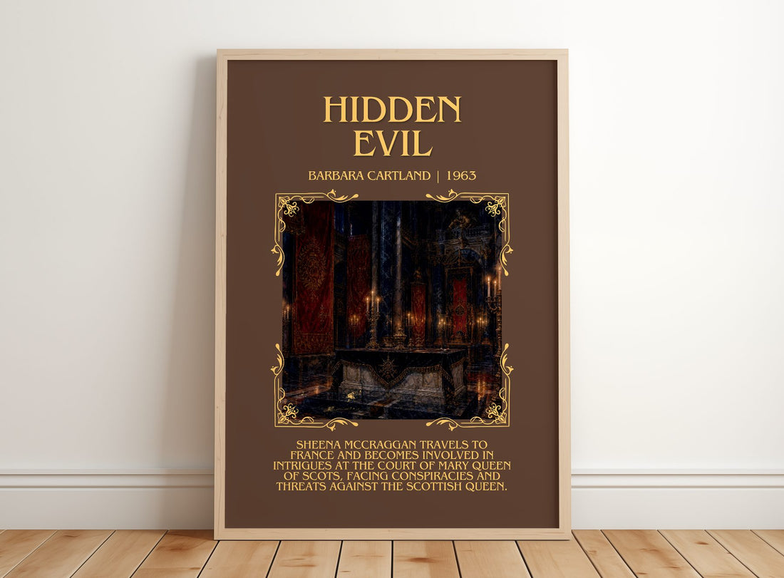Hidden Evil Minimalist Book Poster by Barbara Cartland – framed print leaning on a wooden floor