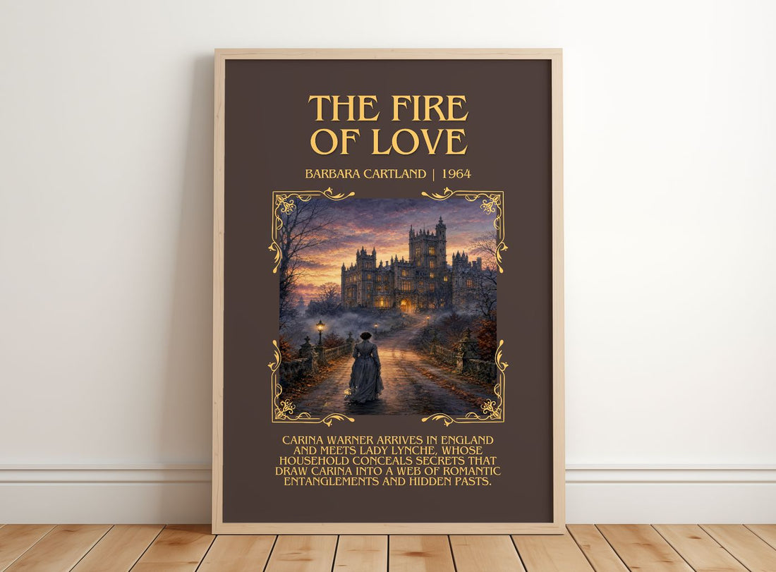 The Fire Of Love Minimalist Book Poster by Barbara Cartland – framed print leaning on a wooden floor