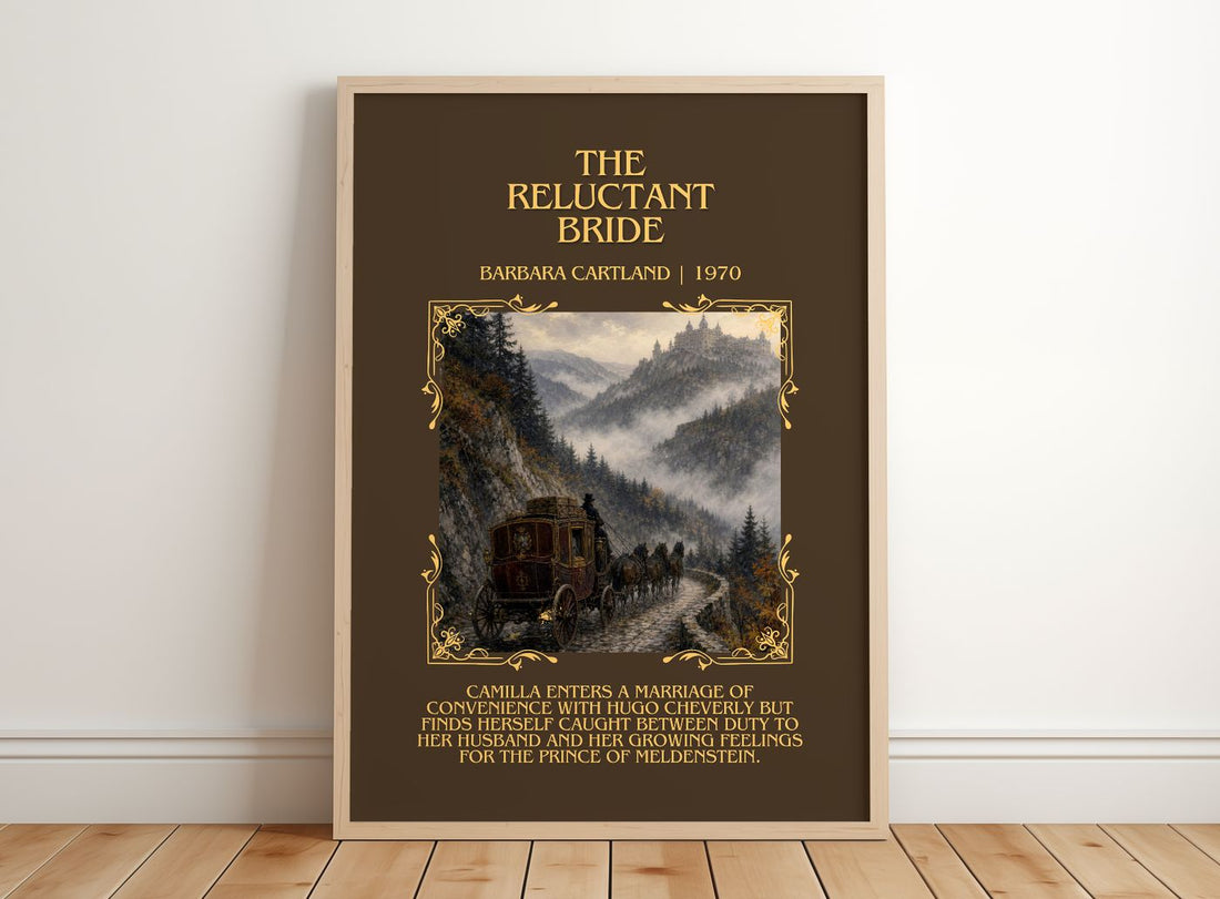 The Reluctant Bride Minimalist Book Poster by Barbara Cartland – framed print leaning on a wooden floor