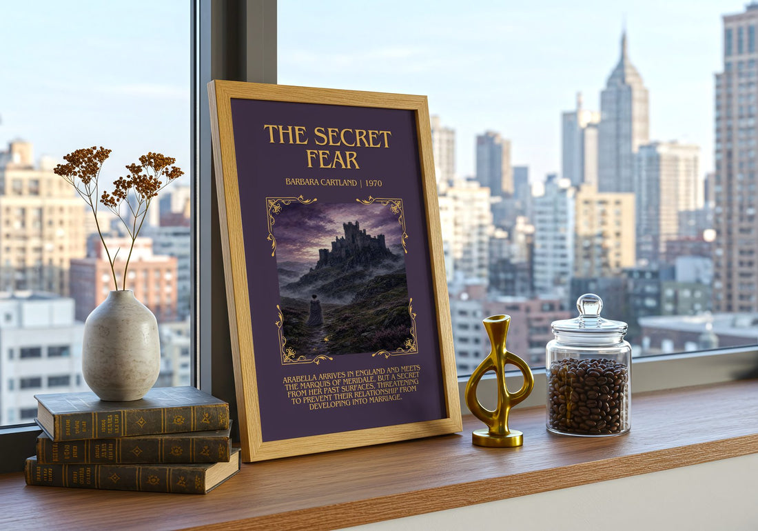The Secret Fear Minimalist Book Poster by Barbara Cartland – framed print on a city-view windowsill