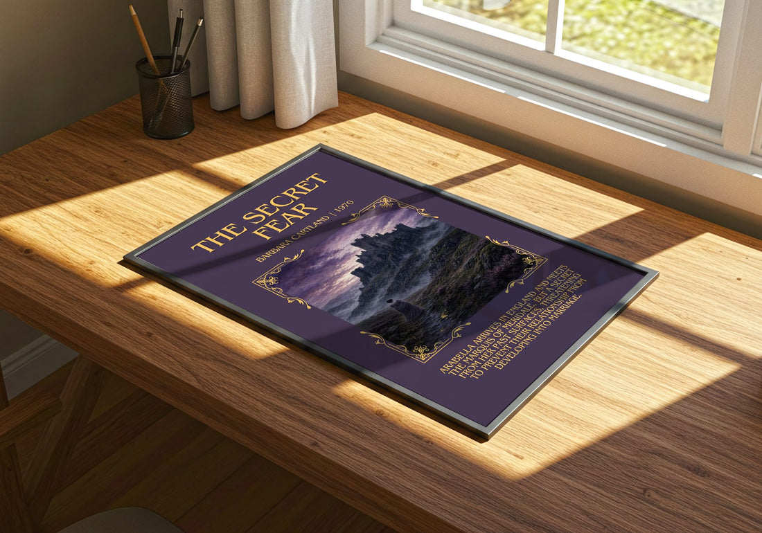 The Secret Fear Minimalist Book Poster by Barbara Cartland – print on a sunlit desk