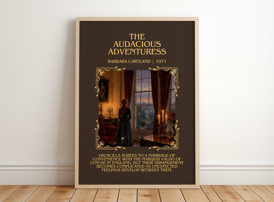 The Audacious Adventuress Minimalist Book Poster by Barbara Cartland – framed print leaning on a wooden floor