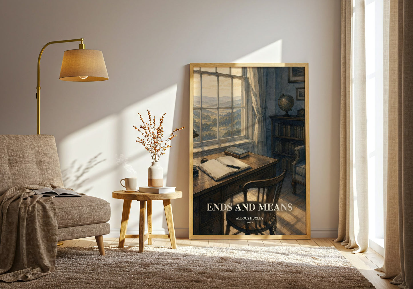 Ends And Means watercolour print in frame leaning in hallway – philosophy wall art
