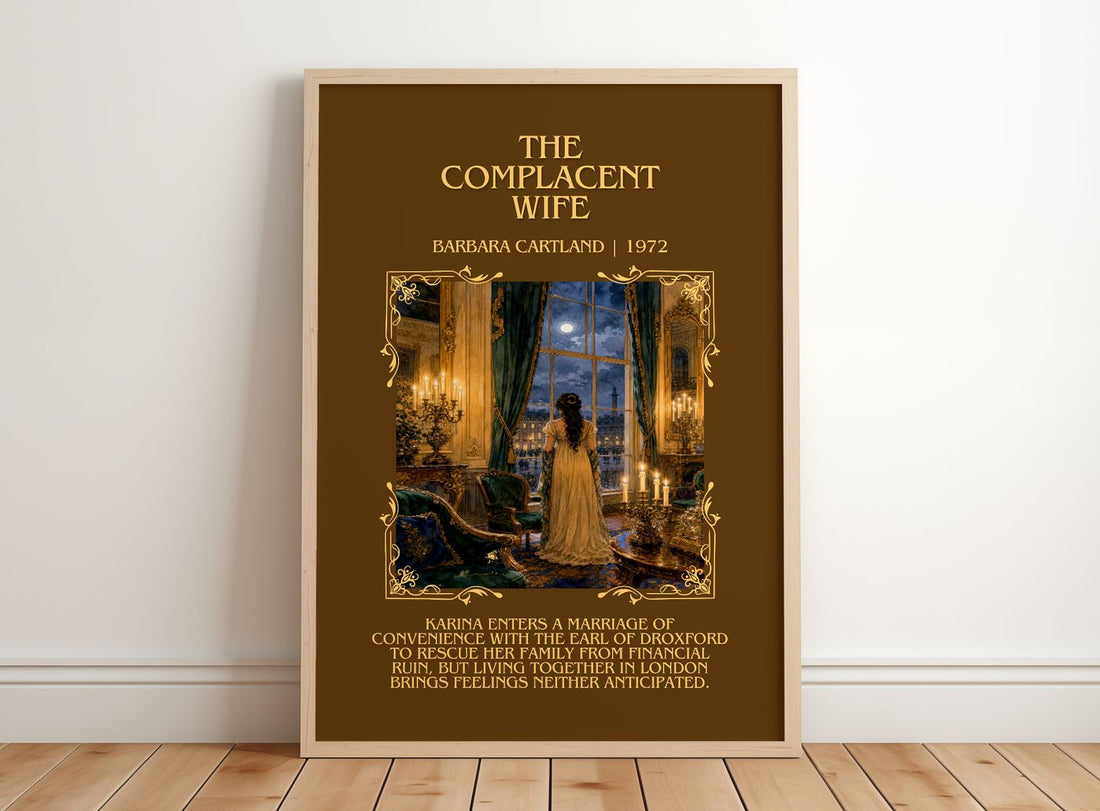 The Complacent Wife Minimalist Book Poster by Barbara Cartland – framed print leaning on a wooden floor