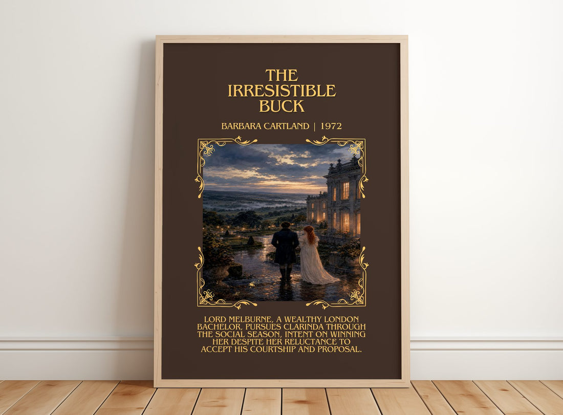 The Irresistible Buck Minimalist Book Poster by Barbara Cartland – framed print leaning on a wooden floor