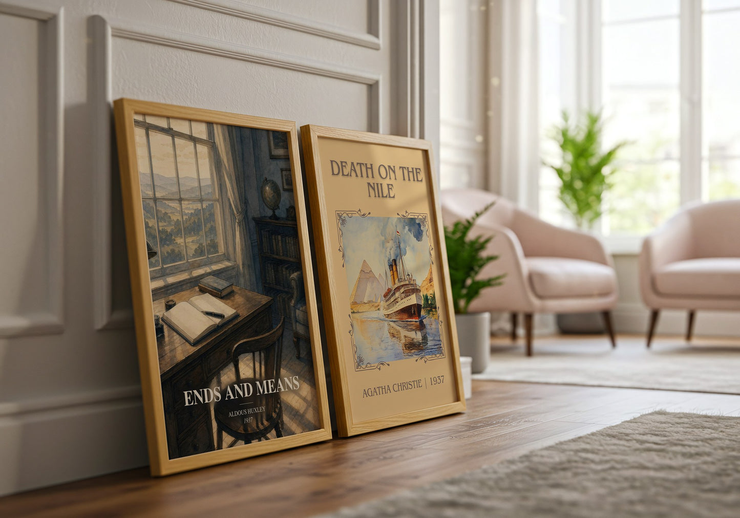 Ends And Means watercolour print framed by window – literary home decor