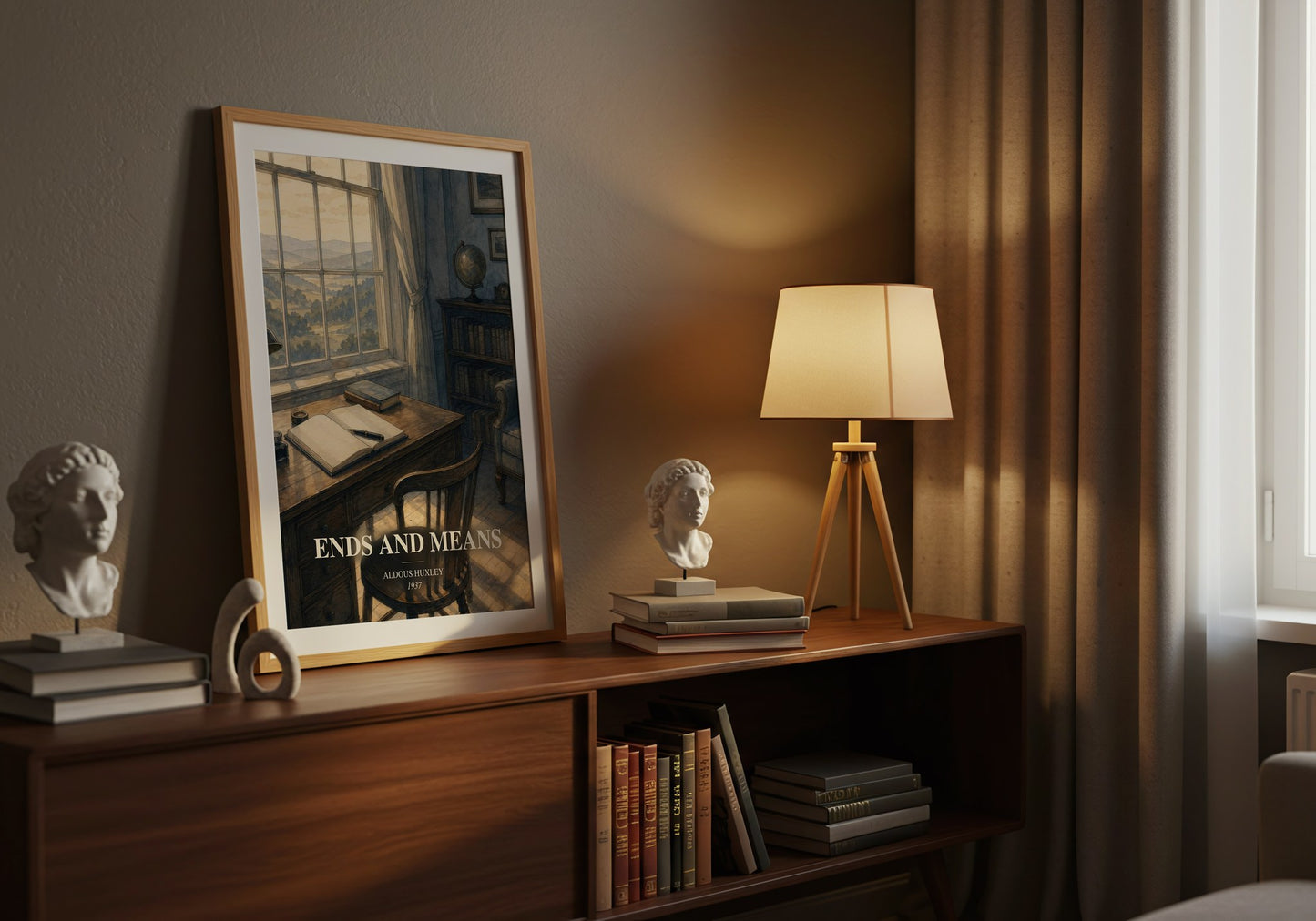 Ends And Means watercolour print on bookshelf – Aldous Huxley fan gift