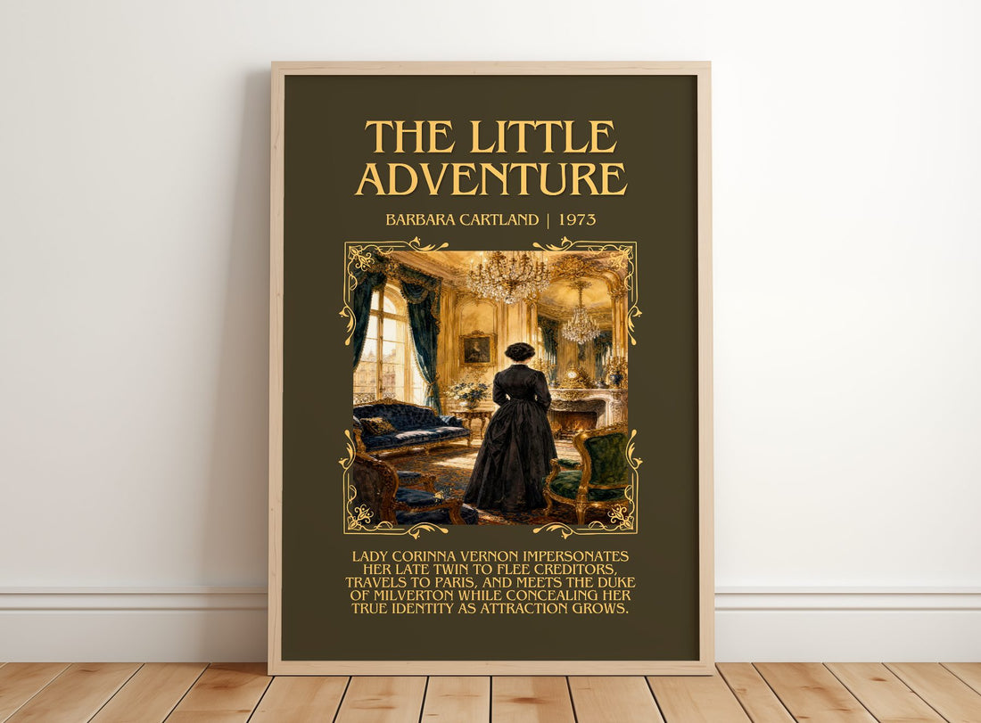 The Little Adventure Minimalist Book Poster by Barbara Cartland – framed print leaning on a wooden floor