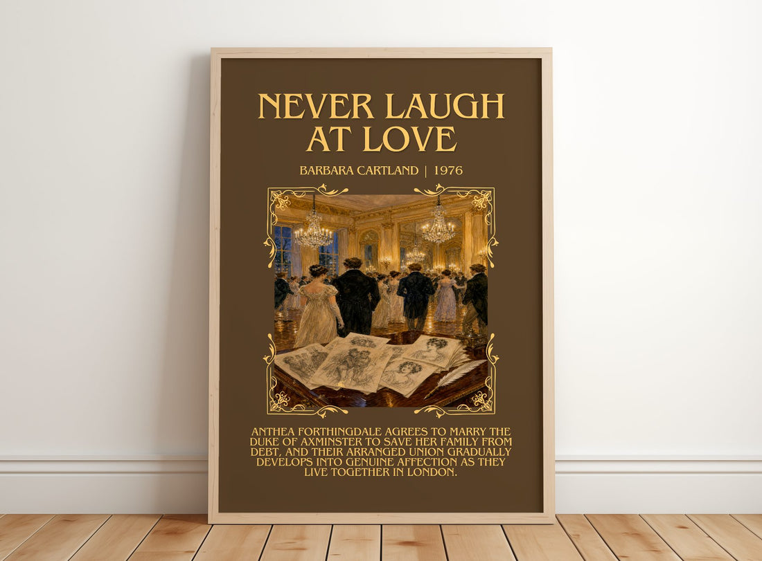Never Laugh At Love Minimalist Book Poster by Barbara Cartland – framed print leaning on a wooden floor
