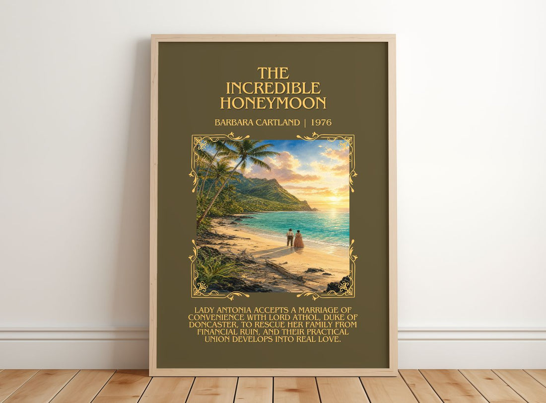 The Incredible Honeymoon Minimalist Book Poster by Barbara Cartland – framed print leaning on a wooden floor