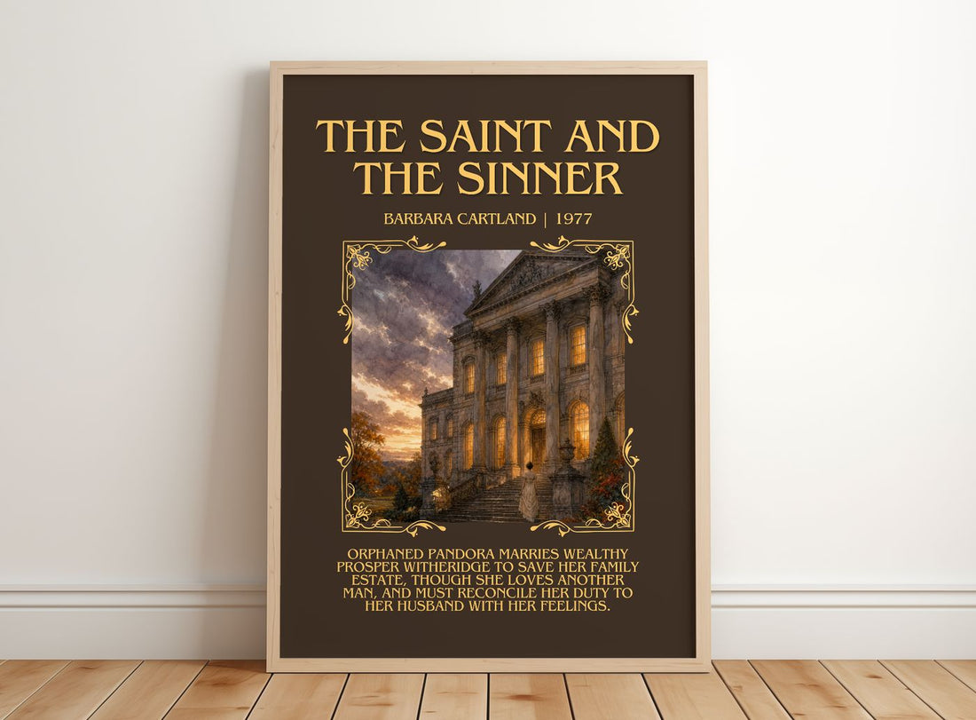 The Saint And The Sinner Minimalist Book Poster by Barbara Cartland – framed print leaning on a wooden floor