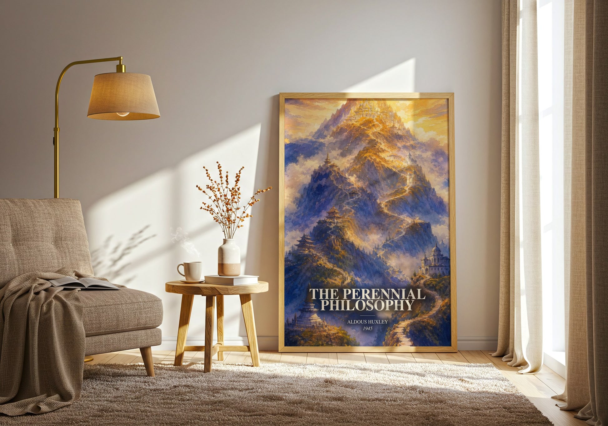 The Perennial Philosophy watercolour print in frame leaning in hallway – philosophy wall art