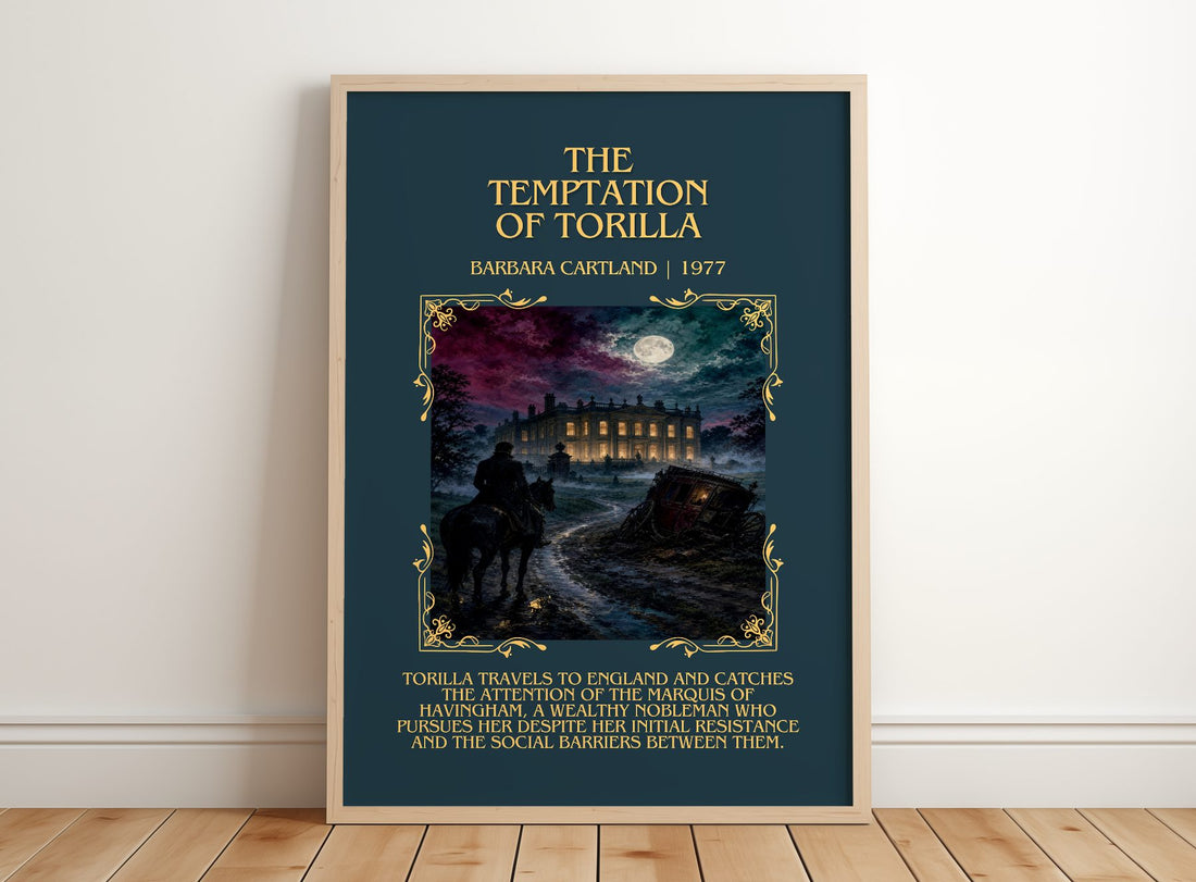 The Temptation Of Torilla Minimalist Book Poster by Barbara Cartland – framed print leaning on a wooden floor