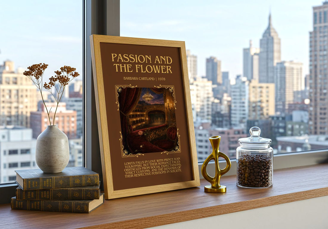 Passion And The Flower Minimalist Book Poster by Barbara Cartland – framed print on a city-view windowsill