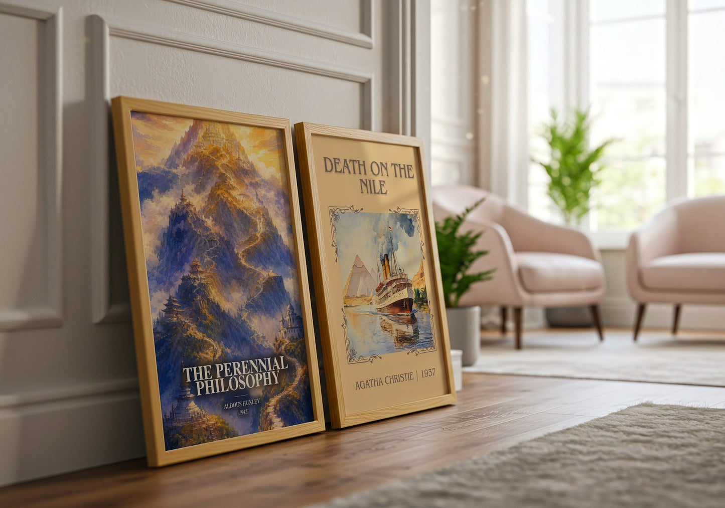 The Perennial Philosophy watercolour print framed by window – literary home decor