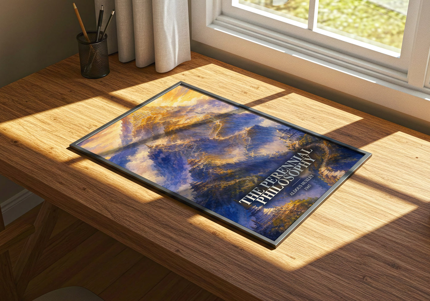 The Perennial Philosophy watercolour book poster framed on wall – philosophy wall art