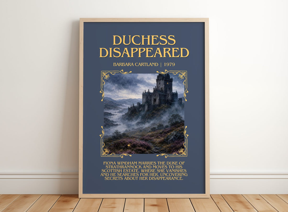 Duchess Disappeared Minimalist Book Poster by Barbara Cartland – framed print leaning on a wooden floor
