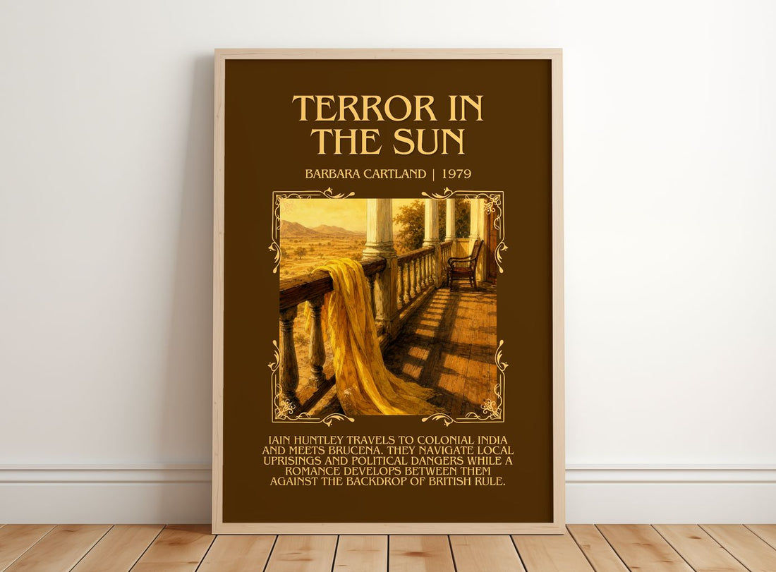 Terror In The Sun Minimalist Book Poster by Barbara Cartland – framed print leaning on a wooden floor