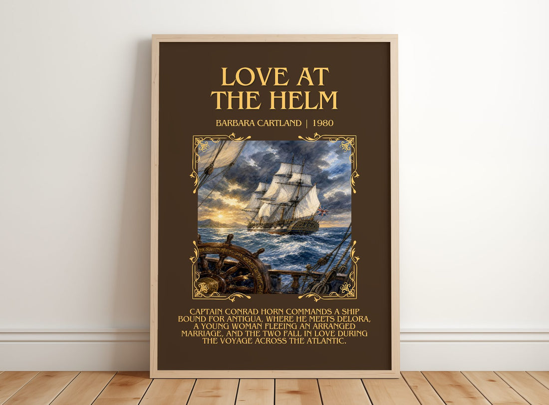 Love At The Helm Minimalist Book Poster by Barbara Cartland – framed print leaning on a wooden floor