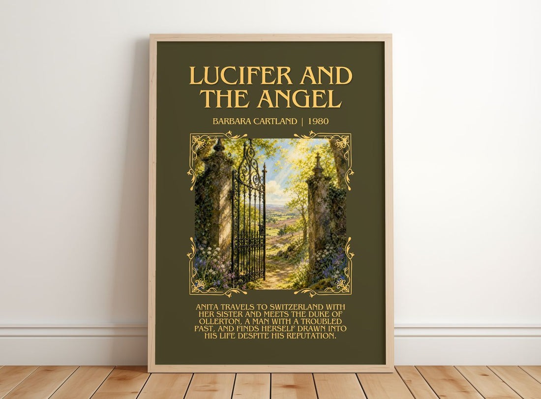 Lucifer And The Angel Minimalist Book Poster by Barbara Cartland – framed print leaning on a wooden floor