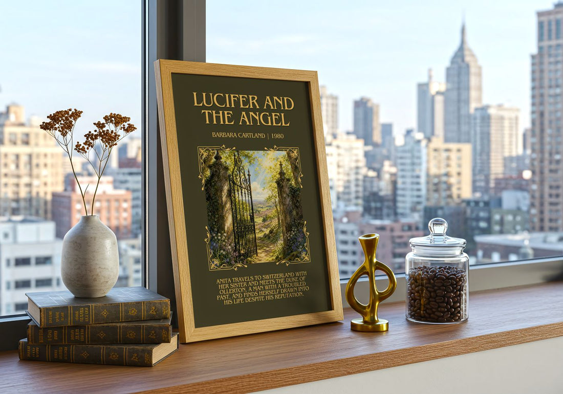 Lucifer And The Angel Minimalist Book Poster by Barbara Cartland – framed print on a city-view windowsill