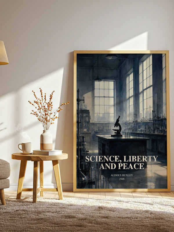 Science, Liberty And Peace watercolour print in frame leaning in hallway – non fiction wall art
