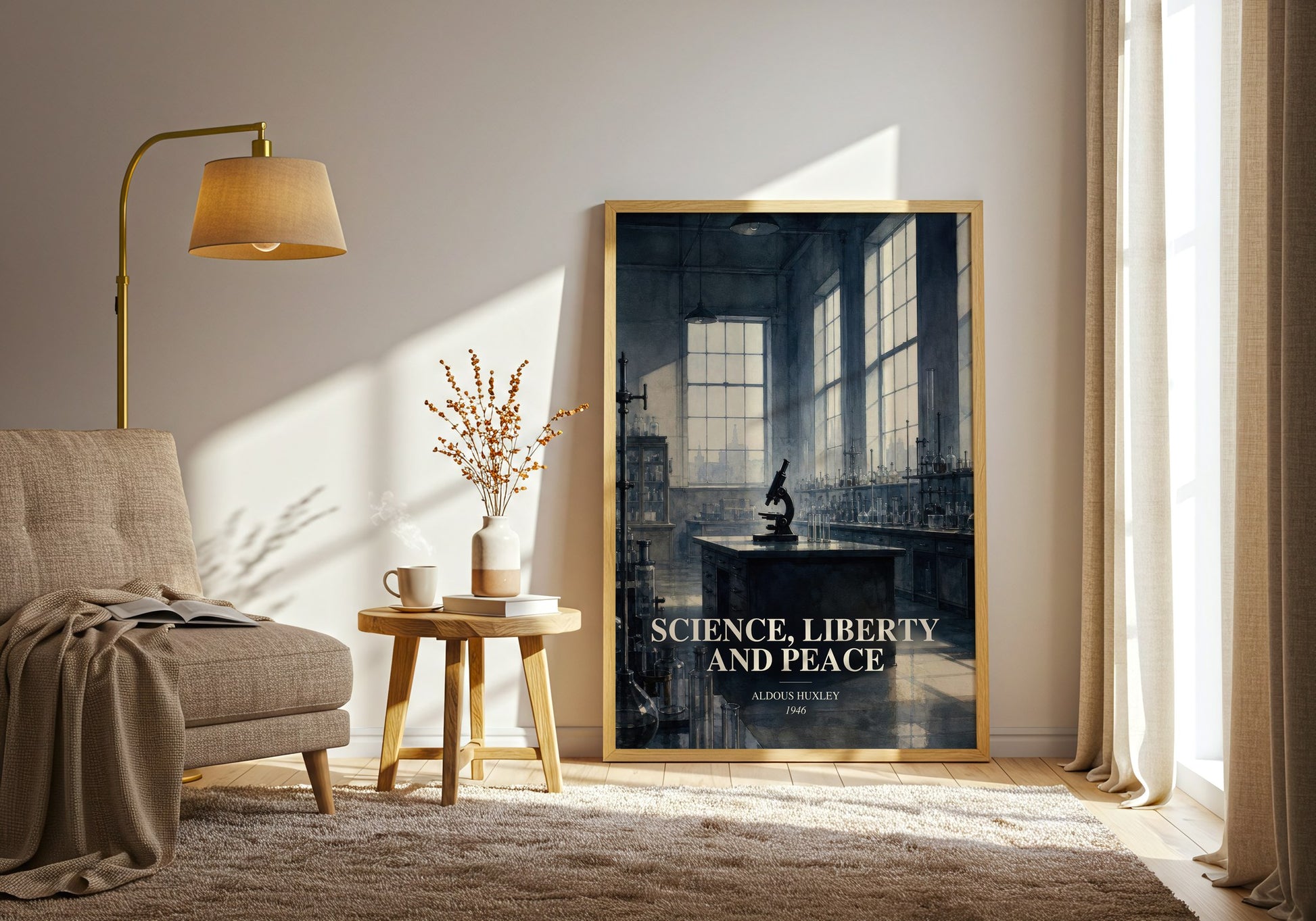 Science, Liberty And Peace watercolour print in frame leaning in hallway – non fiction wall art