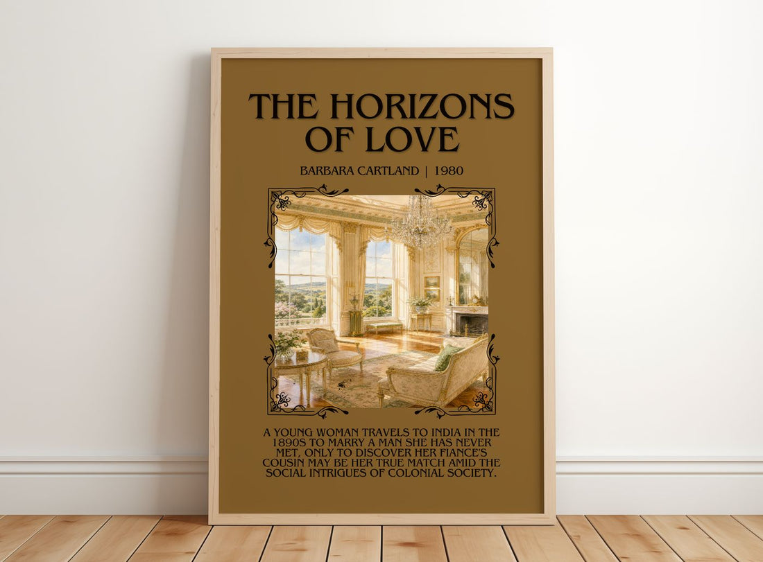 The Horizons Of Love Minimalist Book Poster by Barbara Cartland – framed print leaning on a wooden floor
