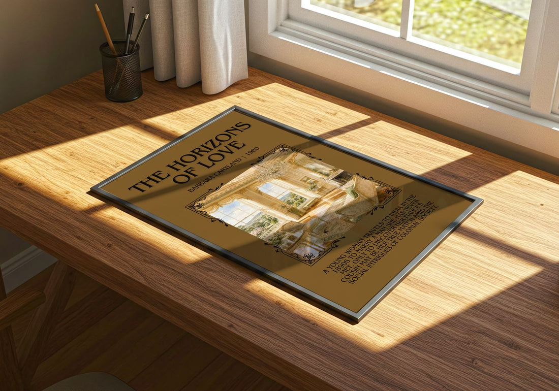 The Horizons Of Love Minimalist Book Poster by Barbara Cartland – print on a sunlit desk