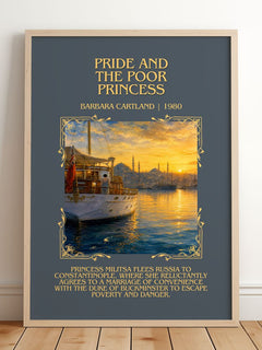 Pride And The Poor Princess Minimalist Book Poster by Barbara Cartland – framed print leaning on a wooden floor