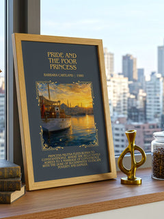 Pride And The Poor Princess Minimalist Book Poster by Barbara Cartland – framed print on a city-view windowsill