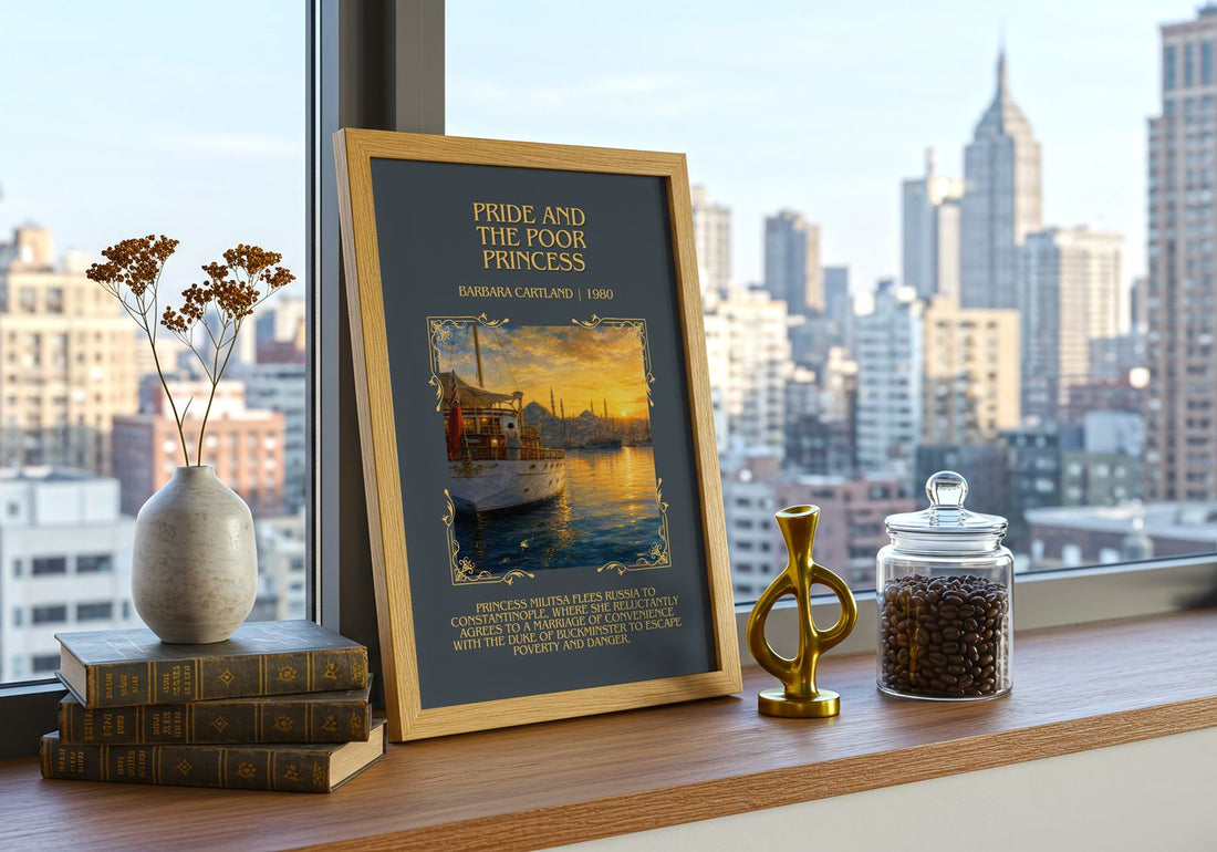 Pride And The Poor Princess Minimalist Book Poster by Barbara Cartland – framed print on a city-view windowsill