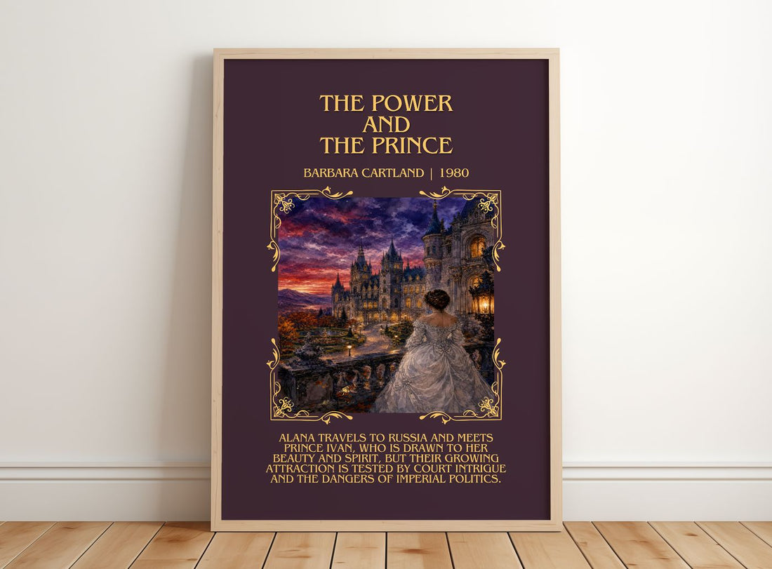 The Power And The Prince Minimalist Book Poster by Barbara Cartland – framed print leaning on a wooden floor