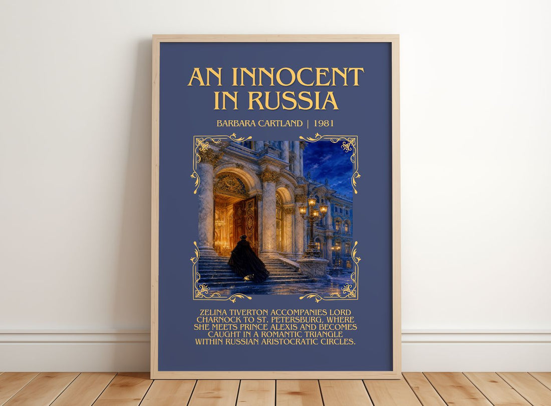 An Innocent In Russia Minimalist Book Poster by Barbara Cartland – framed print leaning on a wooden floor