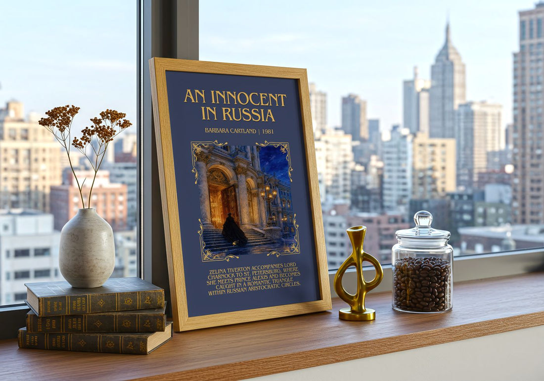 An Innocent In Russia Minimalist Book Poster by Barbara Cartland – framed print on a city-view windowsill