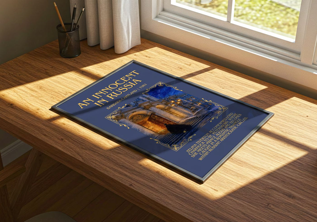 An Innocent In Russia Minimalist Book Poster by Barbara Cartland – print on a sunlit desk