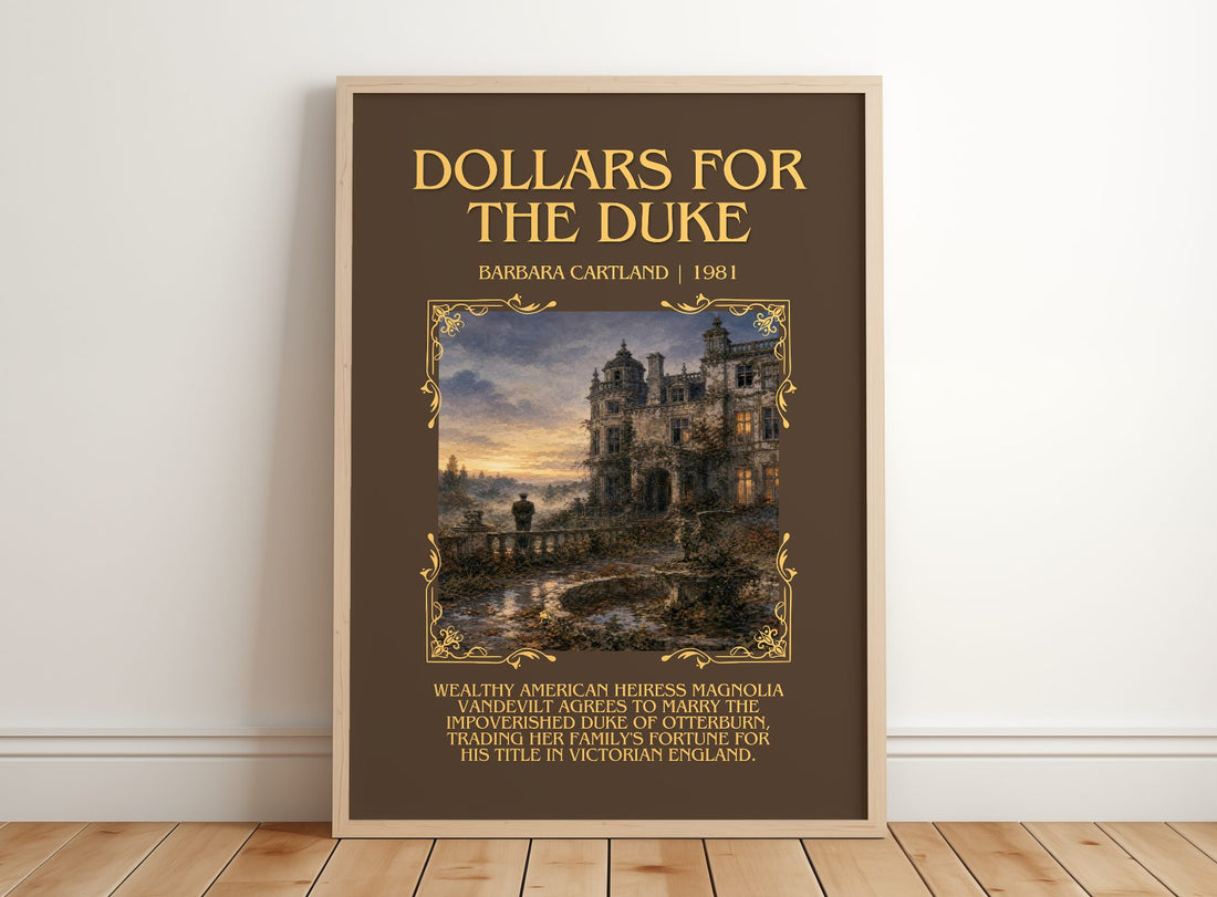 Dollars For The Duke Minimalist Book Poster by Barbara Cartland – framed print leaning on a wooden floor