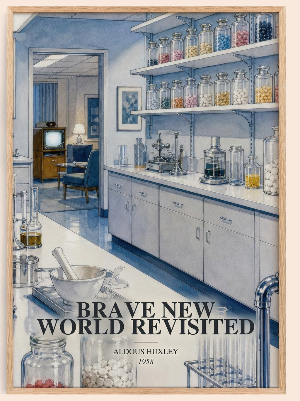 Brave New World Revisited watercolour book poster by Aldous Huxley – framed literary art print