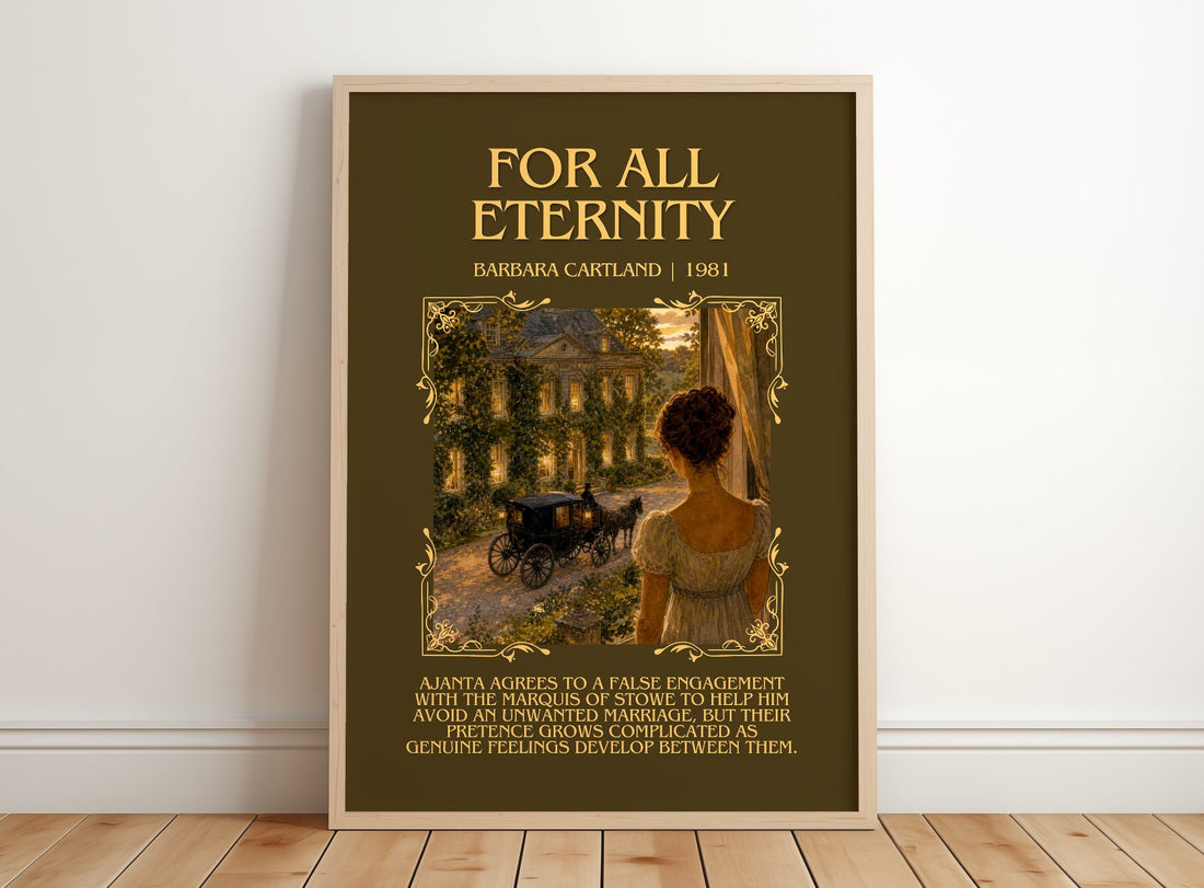 For All Eternity Minimalist Book Poster by Barbara Cartland – framed print leaning on a wooden floor