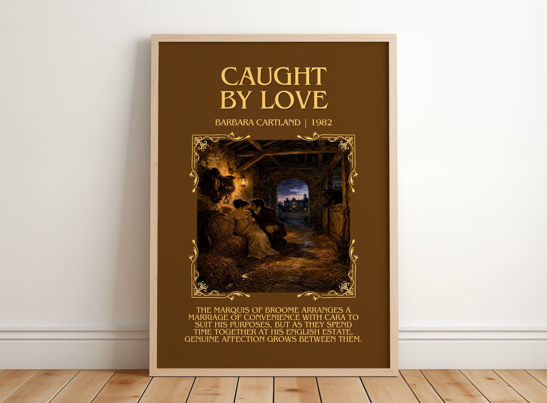 Caught By Love Minimalist Book Poster by Barbara Cartland – framed print leaning on a wooden floor