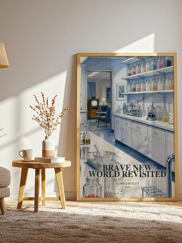 Brave New World Revisited watercolour print in frame leaning in hallway – non fiction wall art