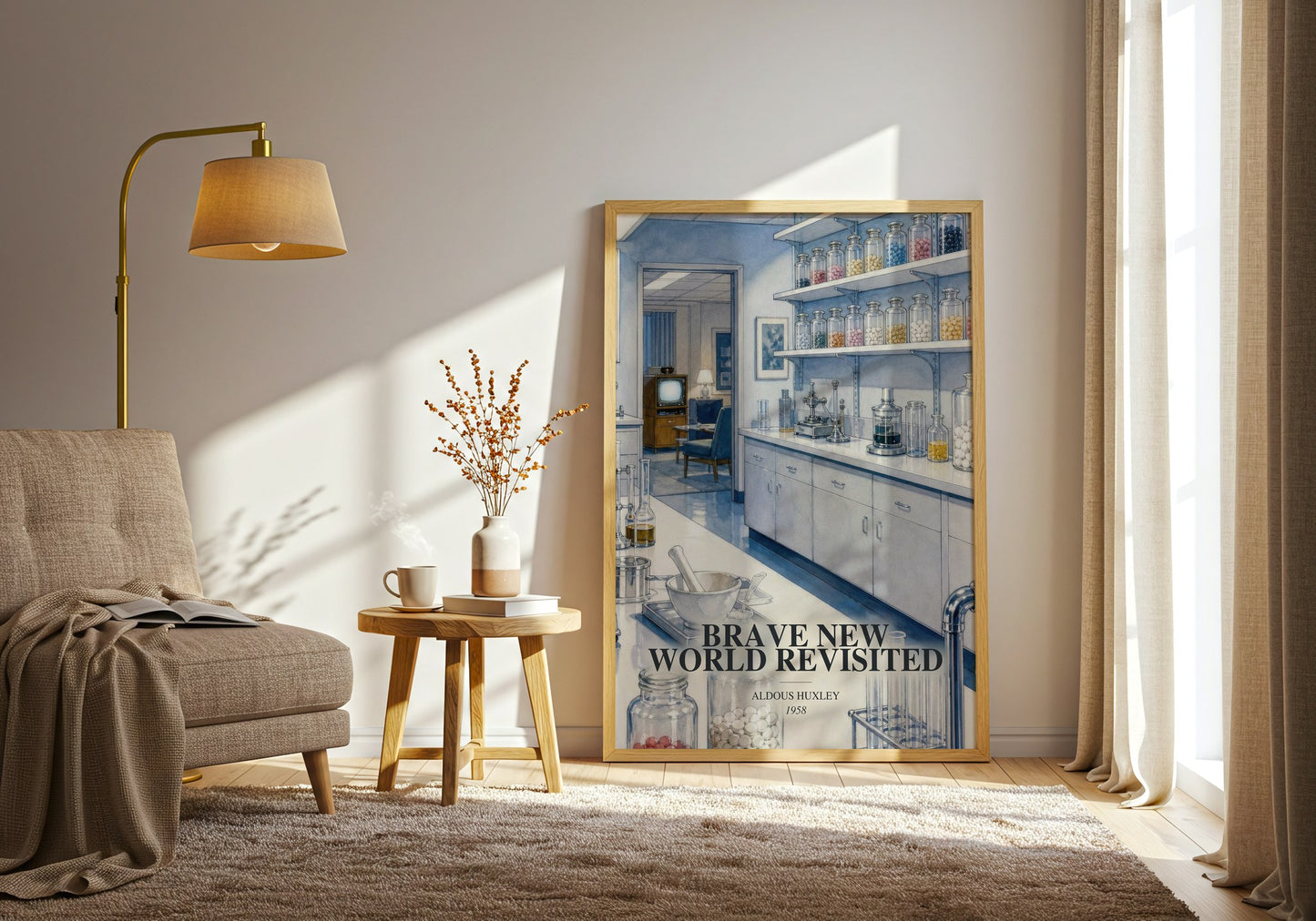 Brave New World Revisited watercolour print in frame leaning in hallway – non fiction wall art