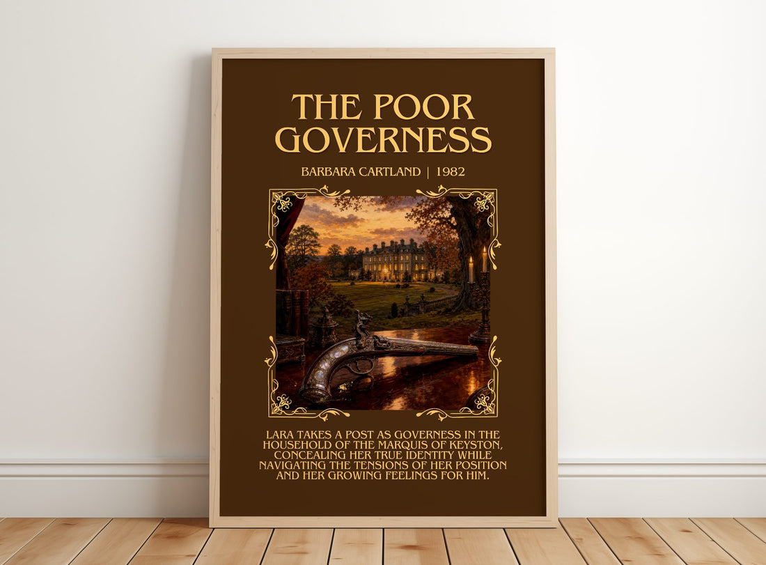 The Poor Governess Minimalist Book Poster by Barbara Cartland – framed print leaning on a wooden floor