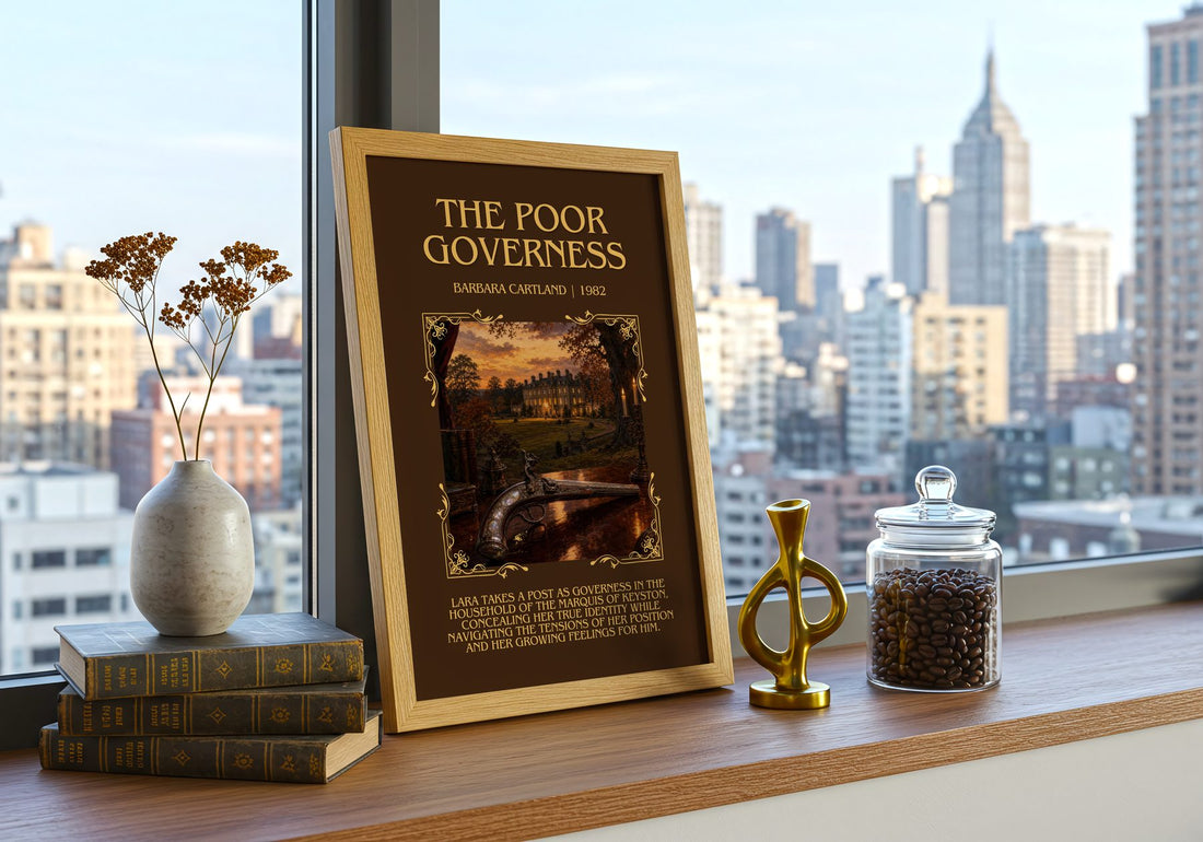 The Poor Governess Minimalist Book Poster by Barbara Cartland – framed print on a city-view windowsill