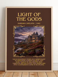Light Of The Gods Minimalist Book Poster by Barbara Cartland – framed print leaning on a wooden floor