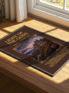Light Of The Gods Minimalist Book Poster by Barbara Cartland – print on a sunlit desk