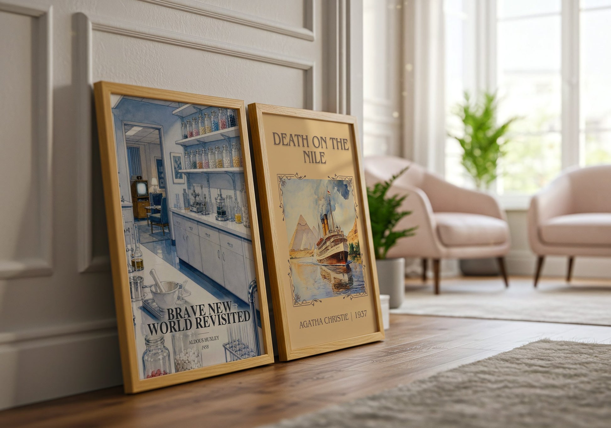 Brave New World Revisited watercolour print framed by window – literary home decor