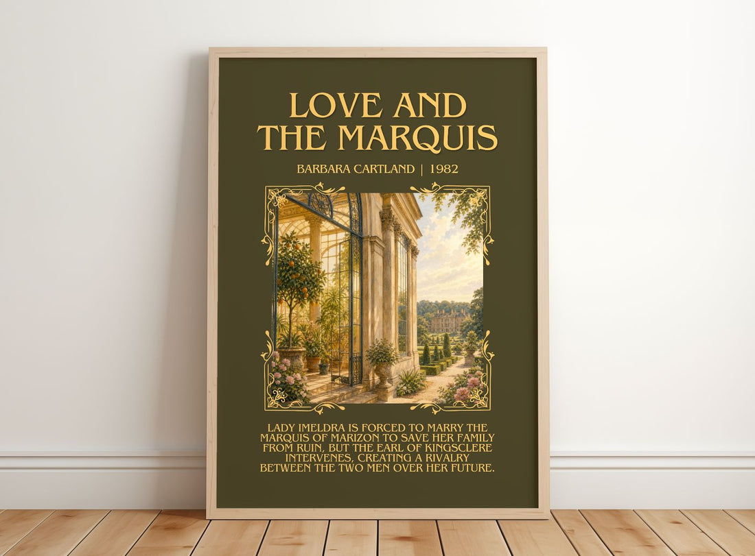 Love And The Marquis Minimalist Book Poster by Barbara Cartland – framed print leaning on a wooden floor