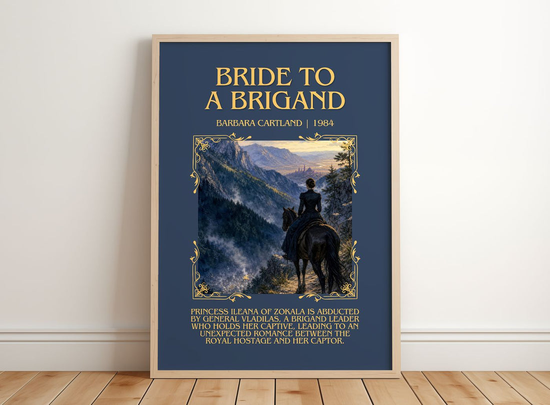 Bride To A Brigand Minimalist Book Poster by Barbara Cartland – framed print leaning on a wooden floor