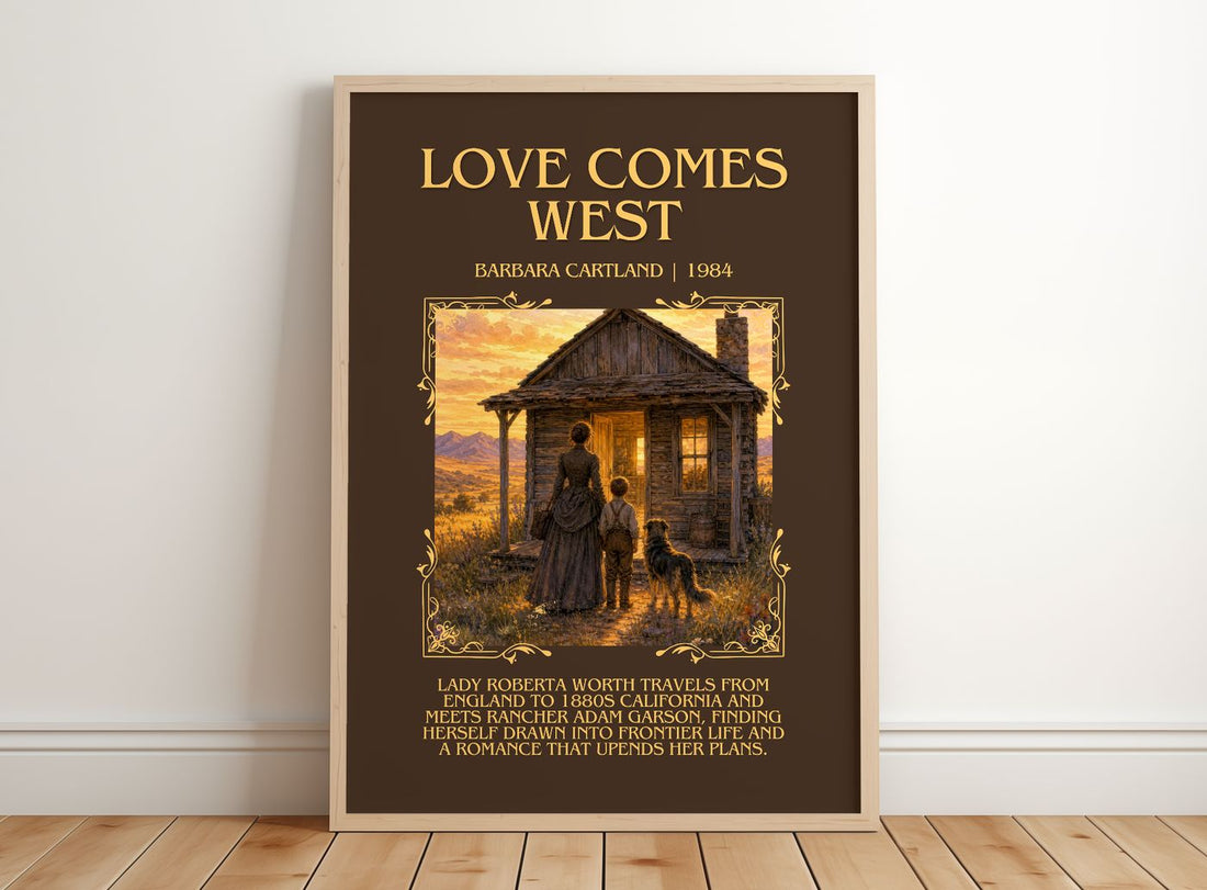 Love Comes West Minimalist Book Poster by Barbara Cartland – framed print leaning on a wooden floor